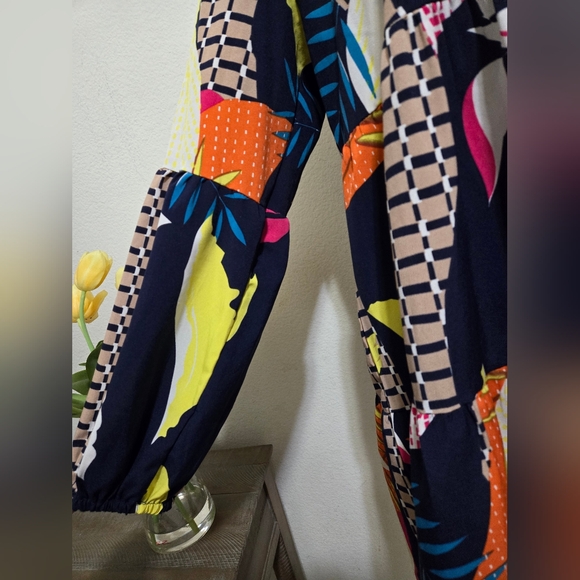 Tropical Leaf Geometric Print Boho Babydoll Dress Puffy Long Sleeves, XL - Picture 4 of 8